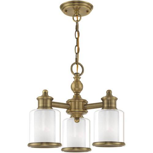 3 Light Antique Brass Convertible Mini Chandelier/Ceiling Light fixture with Clear Glass & Satin Opal White Glass Shade-Lighting LumensChandeliers