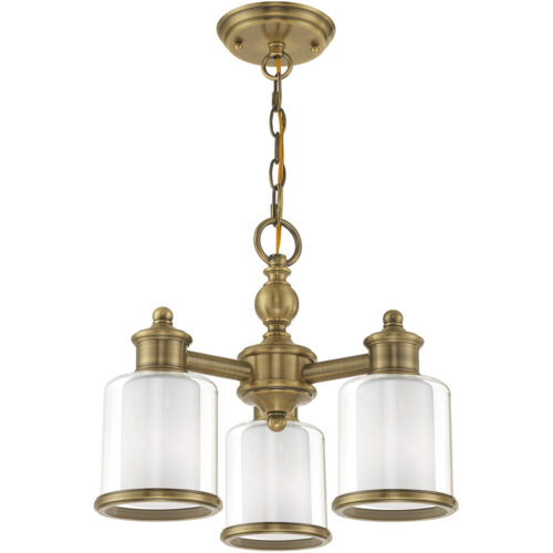 3 Light Antique Brass Convertible Mini Chandelier/Ceiling Light fixture with Clear Glass & Satin Opal White Glass Shade-Lighting LumensChandeliers