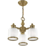 3 Light Antique Brass Convertible Mini Chandelier/Ceiling Light fixture with Clear Glass & Satin Opal White Glass Shade-Lighting LumensChandeliers