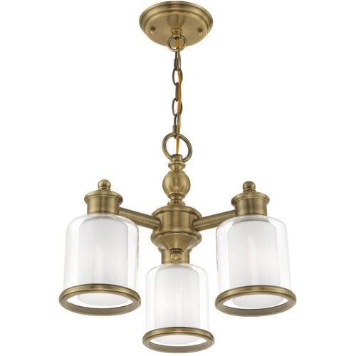 3 Light Antique Brass Convertible Mini Chandelier/Ceiling Light fixture with Clear Glass & Satin Opal White Glass Shade-Lighting LumensChandeliers