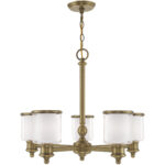 5 Light Antique Brass Chandelier with Clear Glass & Satin Opal White Glass Shade-Lighting LumensChandeliers