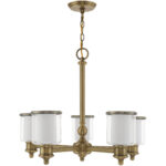 5 Light Antique Brass Chandelier with Clear Glass & Satin Opal White Glass Shade-Lighting LumensChandeliers