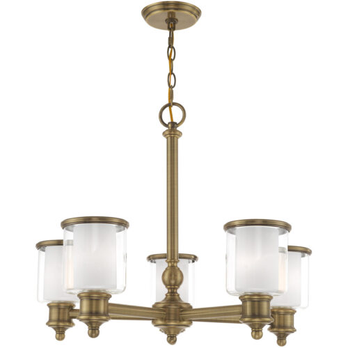 5 Light Antique Brass Chandelier with Clear Glass & Satin Opal White Glass Shade-Lighting LumensChandeliers