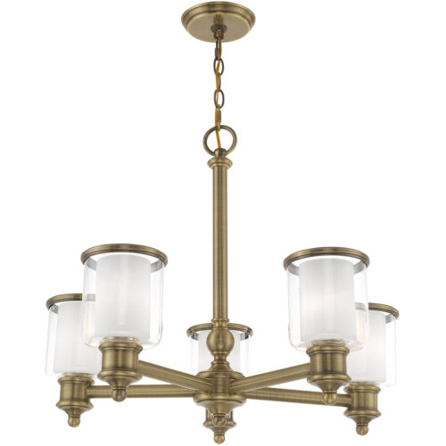 5 Light Antique Brass Chandelier with Clear Glass & Satin Opal White Glass Shade-Lighting LumensChandeliers