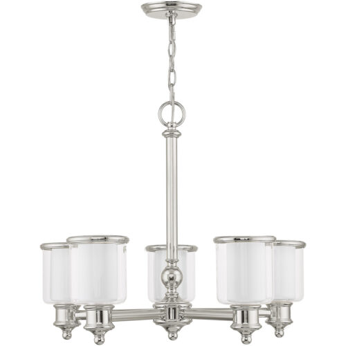 5 Light Polished Nickel Chandelier with Clear Glass & Satin Opal White Glass Shade-Lighting LumensChandeliers