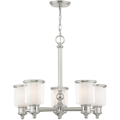 5 Light Polished Nickel Chandelier with Clear Glass & Satin Opal White Glass Shade-Lighting LumensChandeliers