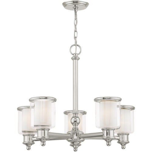 5 Light Polished Nickel Chandelier with Clear Glass & Satin Opal White Glass Shade-Lighting LumensChandeliers