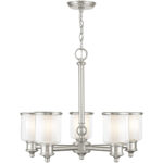 5 Light Brushed Nickel Chandelier with Clear Glass & Satin Opal White Glass Shade-Lighting LumensChandeliers