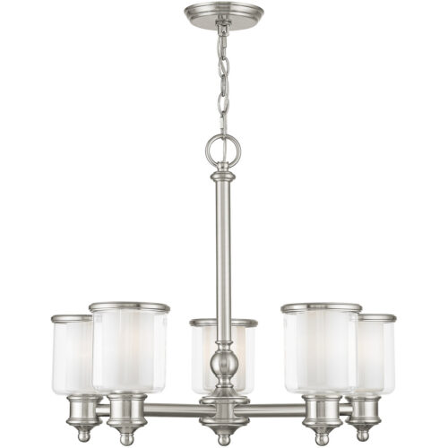 5 Light Brushed Nickel Chandelier with Clear Glass & Satin Opal White Glass Shade-Lighting LumensChandeliers