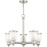 5 Light Brushed Nickel Chandelier with Clear Glass & Satin Opal White Glass Shade-Lighting LumensChandeliers