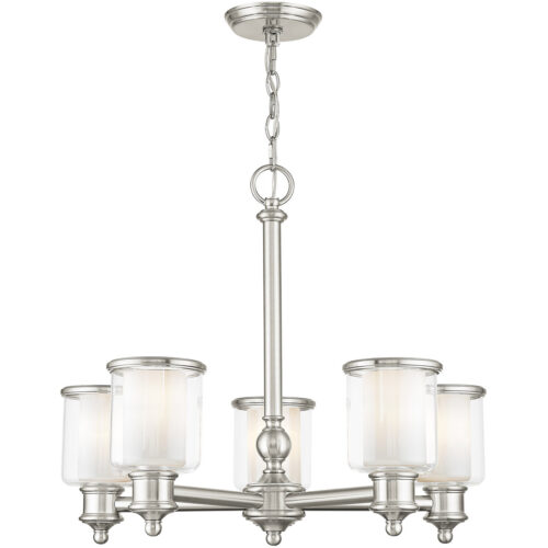 5 Light Brushed Nickel Chandelier with Clear Glass & Satin Opal White Glass Shade-Lighting LumensChandeliers