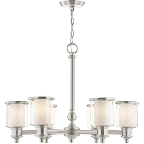 6 Light Brushed Nickel Chandelier with Clear Glass & Satin Opal White Glass Shade-Lighting LumensChandeliers