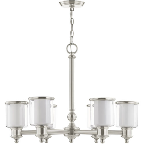 6 Light Brushed Nickel Chandelier with Clear Glass & Satin Opal White Glass Shade-Lighting LumensChandeliers