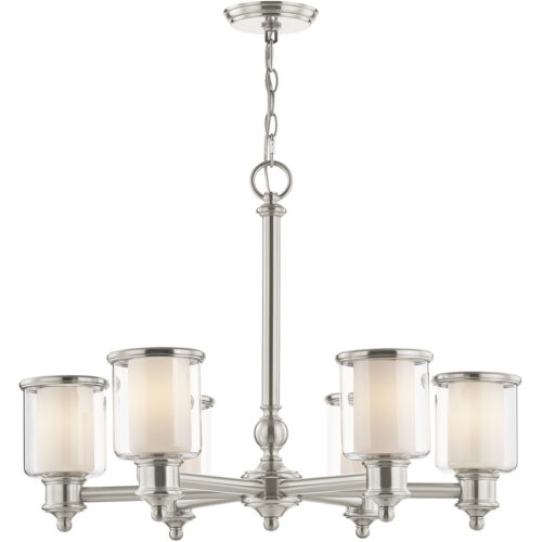 6 Light Brushed Nickel Chandelier with Clear Glass & Satin Opal White Glass Shade-Lighting LumensChandeliers