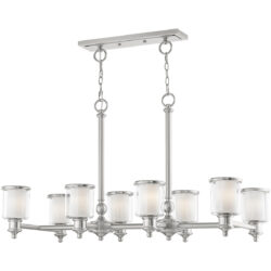 20 inch 8 Light Brushed Nickel Linear Chandelier with Clear Glass & Satin Opal White Glass Shade-Lighting LumensChandeliers