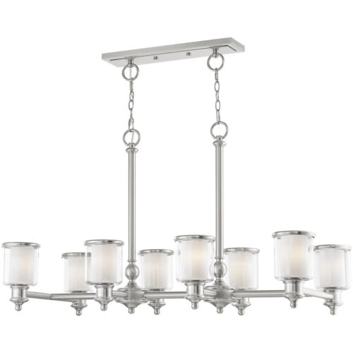 20 inch 8 Light Brushed Nickel Linear Chandelier with Clear Glass & Satin Opal White Glass Shade-Lighting LumensChandeliers