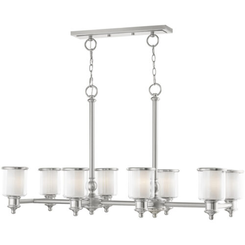 20 inch 8 Light Brushed Nickel Linear Chandelier with Clear Glass & Satin Opal White Glass Shade-Lighting LumensChandeliers