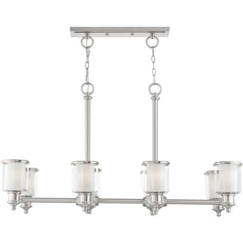 20 inch 8 Light Brushed Nickel Linear Chandelier with Clear Glass & Satin Opal White Glass Shade-Lighting LumensChandeliers