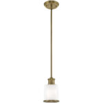 1 Light Antique Brass Mini Pendant with Hand Blown Clear & Opal White Glass Shade-Lighting LumensPendant Lights