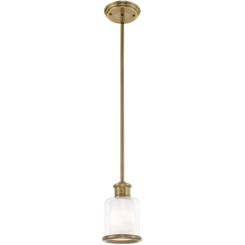 1 Light Antique Brass Mini Pendant with Hand Blown Clear & Opal White Glass Shade-Lighting LumensPendant Lights