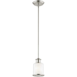 1 Light Brushed Nickel Mini Pendant with Hand Blown Clear & Opal White Glass Shade-Lighting LumensPendant Lights