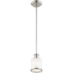 1 Light Brushed Nickel Mini Pendant with Hand Blown Clear & Opal White Glass Shade-Lighting LumensPendant Lights