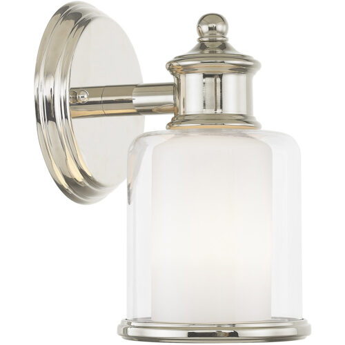 5.5 inch 1 Light Polished Nickel Wall Sconce with Hand Blown Outside Clear Glass & Inside Satin Opal White Glass Shade-Lighting LumensWall Sconces