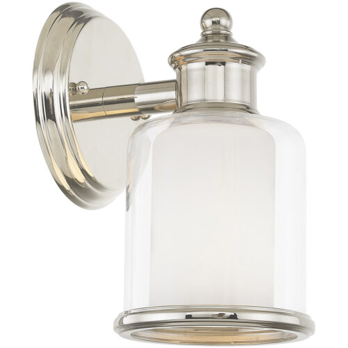 5.5 inch 1 Light Polished Nickel Wall Sconce with Hand Blown Outside Clear Glass & Inside Satin Opal White Glass Shade-Lighting LumensWall Sconces