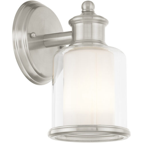 5.5 inch 1 Light Brushed Nickel Wall Sconce with Hand Blown Outside Clear Glass & Inside Satin Opal White Glass Shade-Lighting LumensWall Sconces