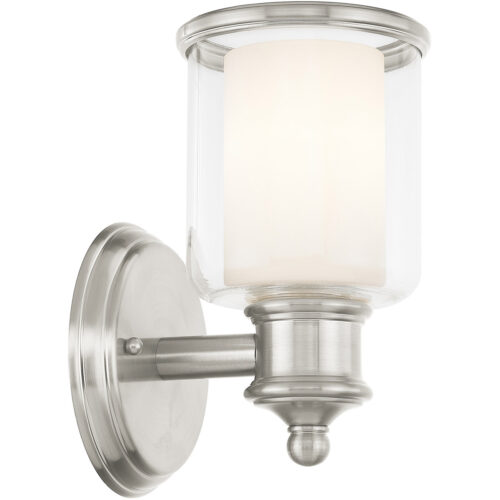 5.5 inch 1 Light Brushed Nickel Wall Sconce with Hand Blown Outside Clear Glass & Inside Satin Opal White Glass Shade-Lighting LumensWall Sconces