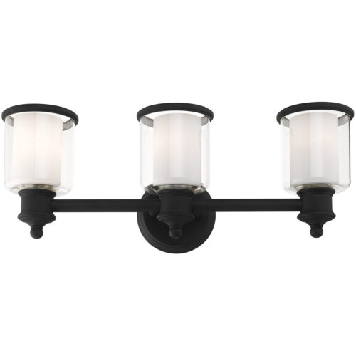 23.5 inch 3 Light Black Bathroom Vanity light fixture with Hand Blown Clear Outer Glass & Satin Opal White Inner Glass Shade-Lighting LumensBath/Vanity