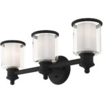 23.5 inch 3 Light Black Bathroom Vanity light fixture with Hand Blown Clear Outer Glass & Satin Opal White Inner Glass Shade-Lighting LumensBath/Vanity