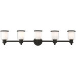 45.5 inch 5 Light Black Bathroom Vanity light fixture with Hand Blown Clear Outer Glass & Satin Opal White Inner Glass Shade-Lighting LumensBath/Vanity