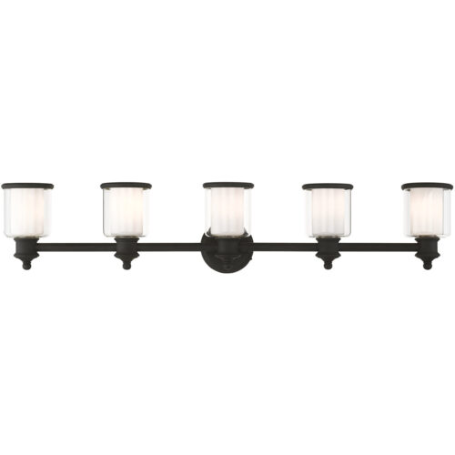 45.5 inch 5 Light Black Bathroom Vanity light fixture with Hand Blown Clear Outer Glass & Satin Opal White Inner Glass Shade-Lighting LumensBath/Vanity