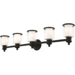 45.5 inch 5 Light Black Bathroom Vanity light fixture with Hand Blown Clear Outer Glass & Satin Opal White Inner Glass Shade-Lighting LumensBath/Vanity