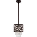 1 Light Bronze Mini Pendant with Oatmeal Color Fabric Hardback Shade Inside & Clear Crystals Shade-Lighting LumensPendant Lights