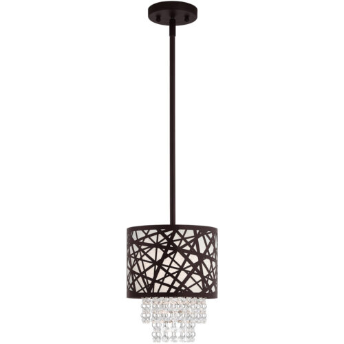 1 Light Bronze Mini Pendant with Oatmeal Color Fabric Hardback Shade Inside & Clear Crystals Shade-Lighting LumensPendant Lights