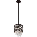 1 Light Bronze Mini Pendant with Oatmeal Color Fabric Hardback Shade Inside & Clear Crystals Shade-Lighting LumensPendant Lights