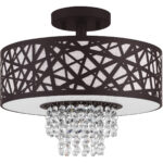 2 Light Bronze Ceiling Light fixture with Oatmeal Color Fabric Hardback Inside & Clear Crystals Shade-Lighting LumensFlush Mount Ceiling Lights