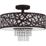 3 Light Bronze Ceiling Light fixture with Oatmeal Color Fabric Hardback Inside & Clear Crystals Shade-Lighting LumensFlush Mount Ceiling Lights