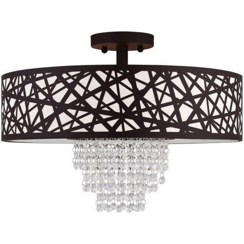 4 Light Bronze Ceiling Light fixture with Oatmeal Color Fabric Hardback Inside & Clear Crystals Shade-Lighting LumensFlush Mount Ceiling Lights