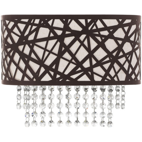 13 inch 1 Light Bronze ADA Wall Sconce with Oatmeal Color Fabric Hardback Shade Inside & Clear Crystals Shade-Lighting LumensWall Sconces