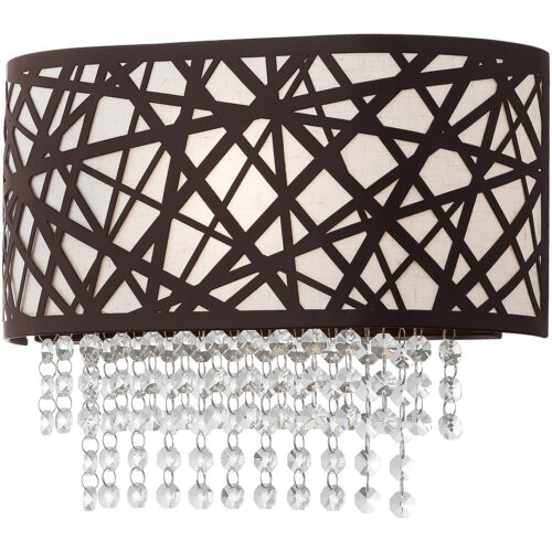 13 inch 1 Light Bronze ADA Wall Sconce with Oatmeal Color Fabric Hardback Shade Inside & Clear Crystals Shade-Lighting LumensWall Sconces