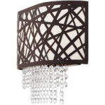 13 inch 1 Light Bronze ADA Wall Sconce with Oatmeal Color Fabric Hardback Shade Inside & Clear Crystals Shade-Lighting LumensWall Sconces