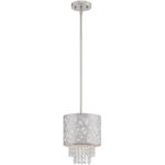 1 Light Polished Chrome Mini Pendant with Off-White Fabric Hardback Shade Inside & Clear Crystals Shade-Lighting LumensPendant Lights