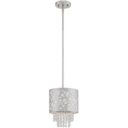 1 Light Polished Chrome Mini Pendant with Off-White Fabric Hardback Shade Inside & Clear Crystals Shade-Lighting LumensPendant Lights