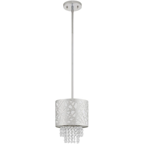 1 Light Polished Chrome Mini Pendant with Off-White Fabric Hardback Shade Inside & Clear Crystals Shade-Lighting LumensPendant Lights