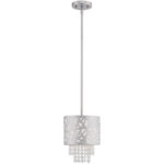 1 Light Polished Chrome Mini Pendant with Off-White Fabric Hardback Shade Inside & Clear Crystals Shade-Lighting LumensPendant Lights