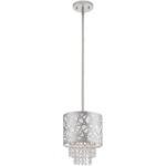 1 Light Polished Chrome Mini Pendant with Off-White Fabric Hardback Shade Inside & Clear Crystals Shade-Lighting LumensPendant Lights