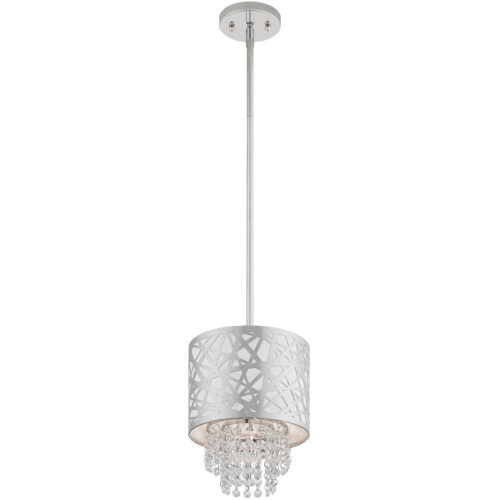 1 Light Polished Chrome Mini Pendant with Off-White Fabric Hardback Shade Inside & Clear Crystals Shade-Lighting LumensPendant Lights